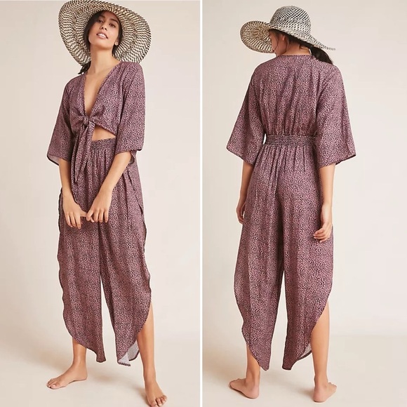 NEW Anthropologie Maaji Tamarino Beachy Abstract Dot Flowy Tie Front Jumpsuit - Picture 1 of 10